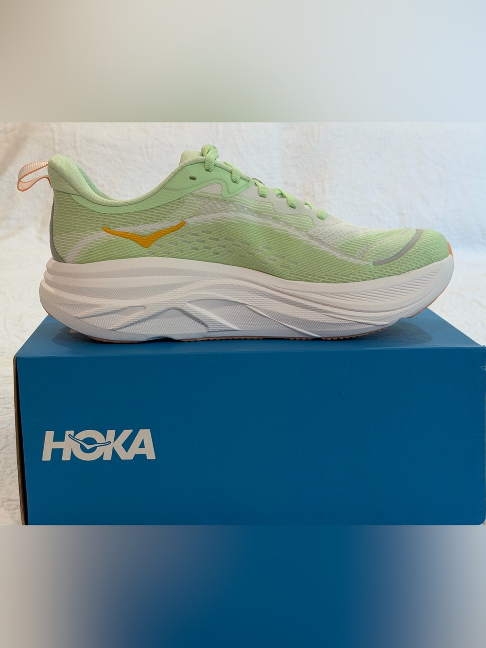 Hoka Women's Skyflow Light Green & Lavender Running Shoes with Yellow Logo - Picture 3 of 13